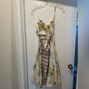 MNG Mango Cream Dress w Yellow Flowers & Colorful Straps 100% Silk Size 6